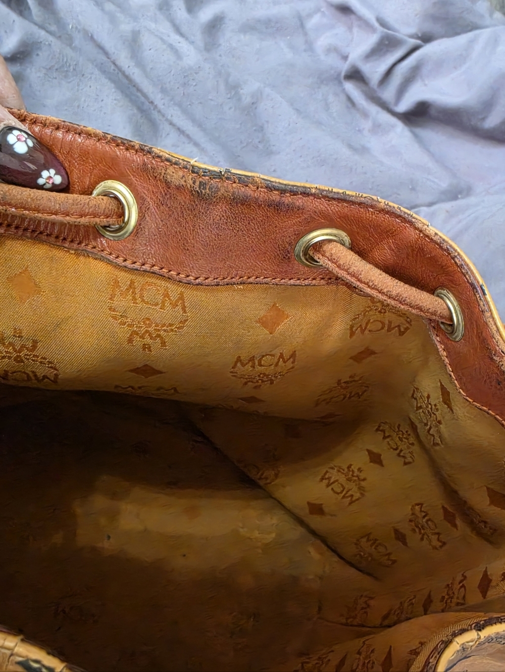 AUTHENTIC Cognac/Chestnut McM Visetos Leather Drawstring Bucket Shoulder Bag - Picture 10 of 15